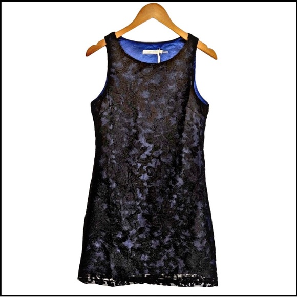 NWT LUCY PARIS Black Lace Overlay on Blue Shift Dress M - Picture 1 of 8